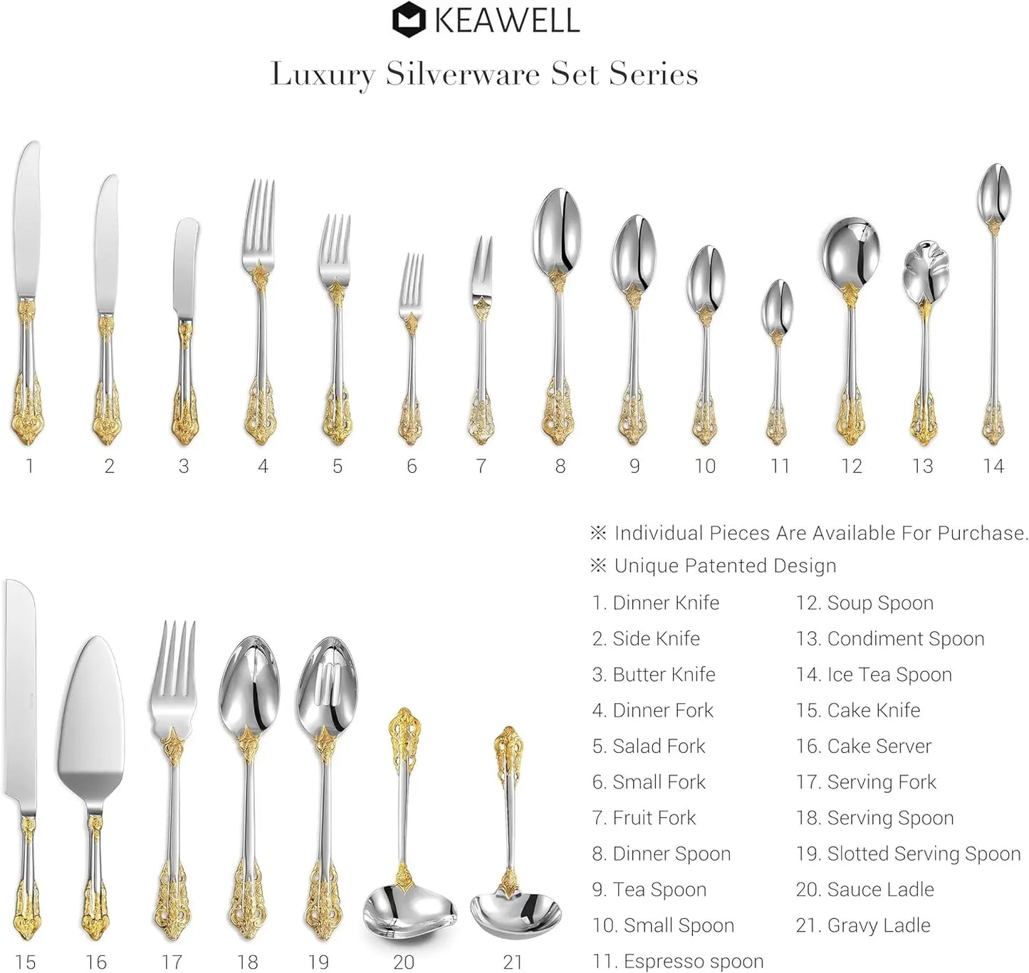 Luxury Stainless Steel Silverware Service, gold accents