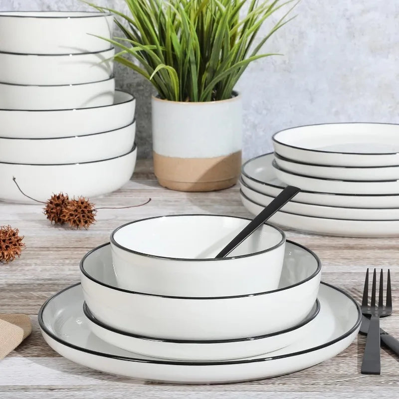 Porcelain Dinnerware Set, White w/Black Rim,