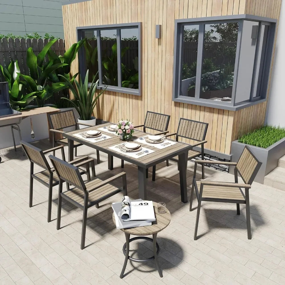 8-Piece Patio Dining Set,Outdoor Aluminum Furniture Set with Plastic-Wood Table