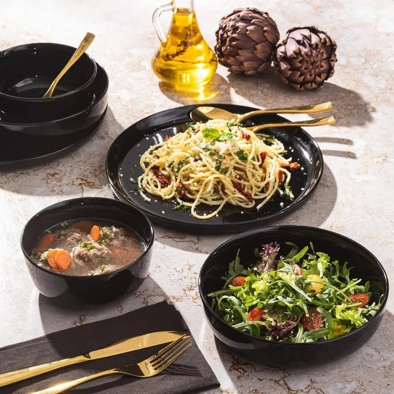 Porcelain Dinnerware Set, White w/Black Rim,