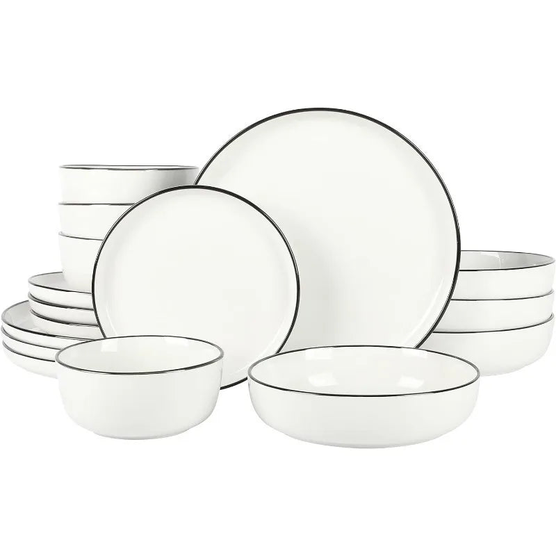 Porcelain Dinnerware Set, White w/Black Rim,