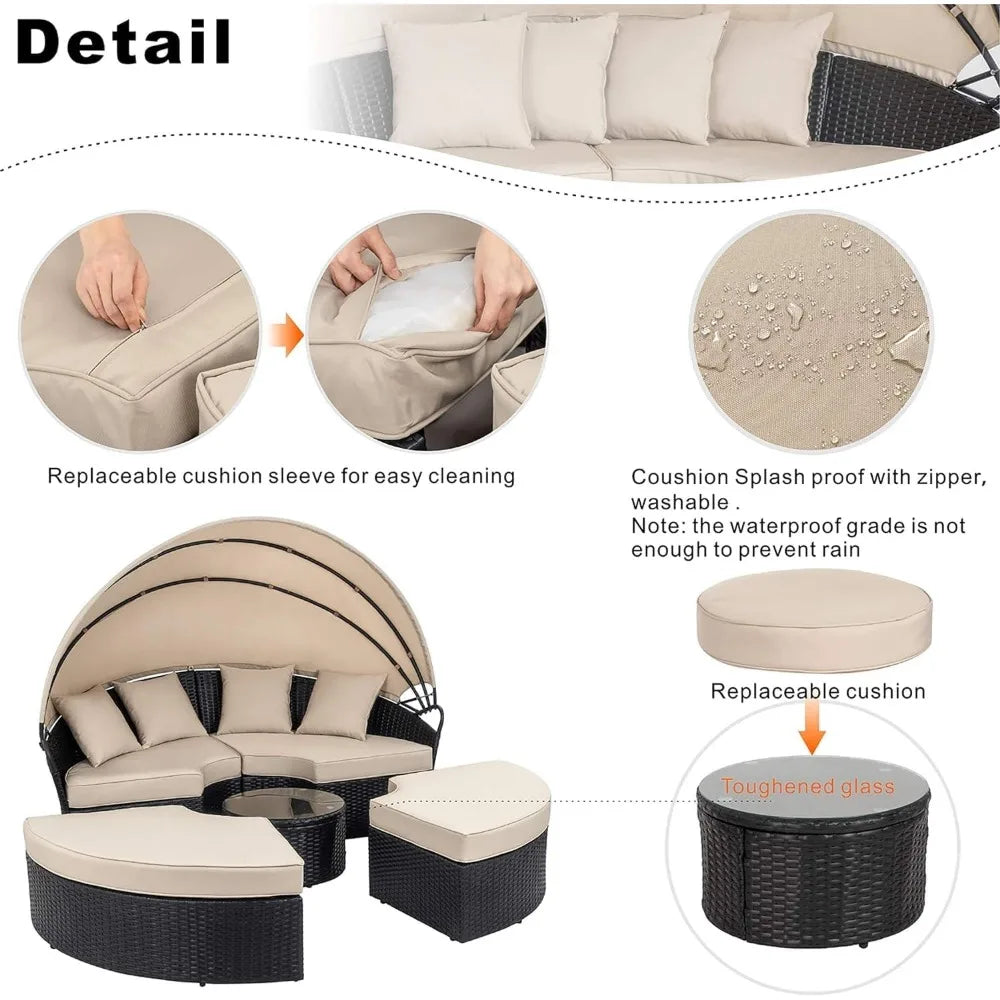 Patio Round Daybed with Retractable Canopy
