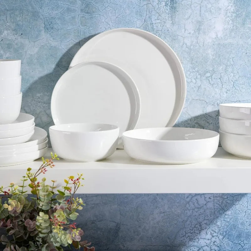 Porcelain Dinnerware Set, White w/Black Rim,