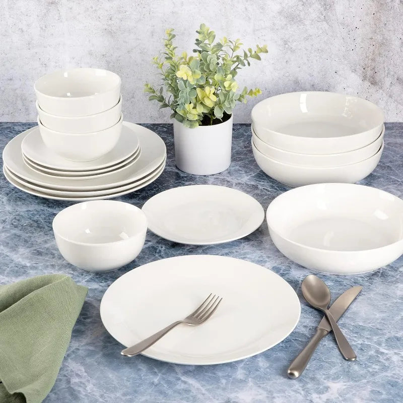Porcelain Dinnerware Set, White w/Black Rim,