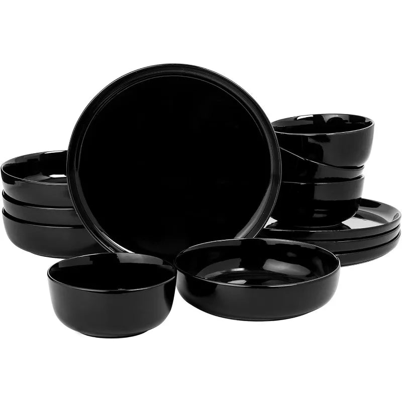 Porcelain Dinnerware Set, White w/Black Rim,