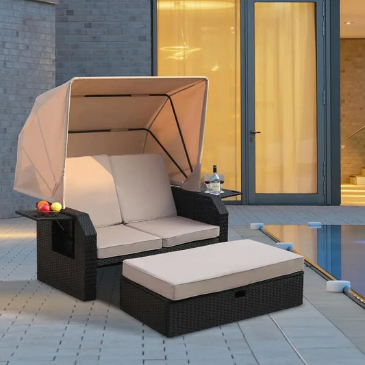 Outdoor Wicker Loveseat with Retractable Canopy