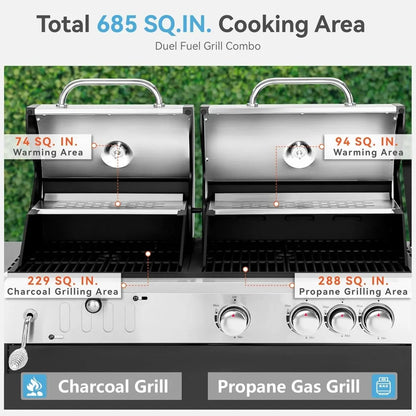 3 Burner Propane Gas and Charcoal Grill with Side Burner