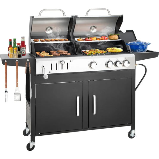 3 Burner Propane Gas and Charcoal Grill with Side Burner