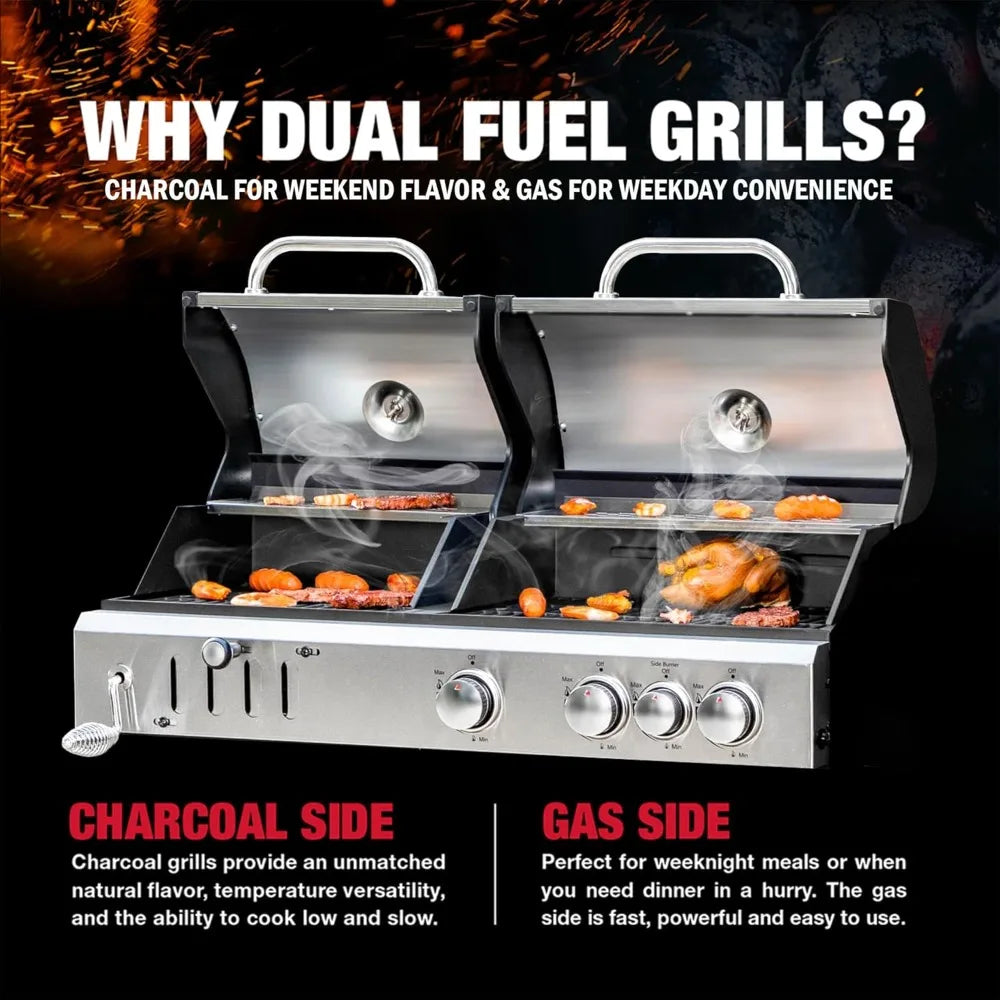 3 Burner Propane Gas and Charcoal Grill with Side Burner