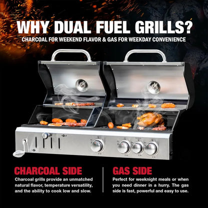 3 Burner Propane Gas and Charcoal Grill with Side Burner