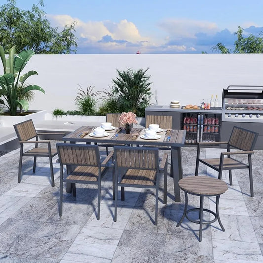 8-Piece Patio Dining Set，Outdoor Aluminum Furniture Set with Plastic-Wood Table