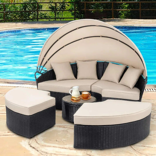 Patio Round Daybed with Retractable Canopy